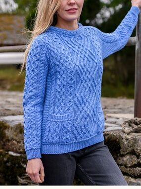 Aran Sweater Market Merino Wool Cable Knit Sweater with Pockets in Medium